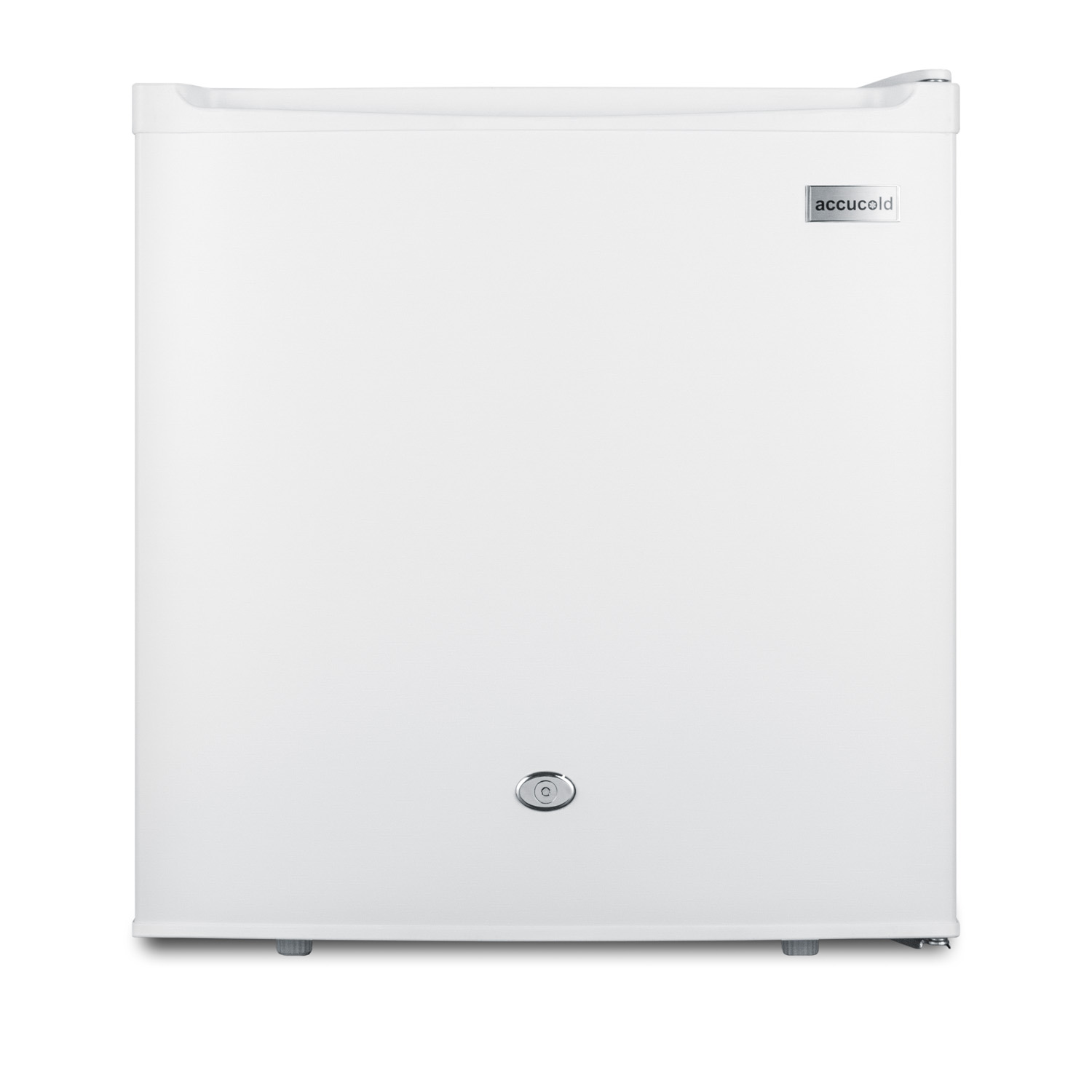 Compact 1.7 cu.ft. all-refrigerator in white with automatic defrost, front lock, and flat door liner